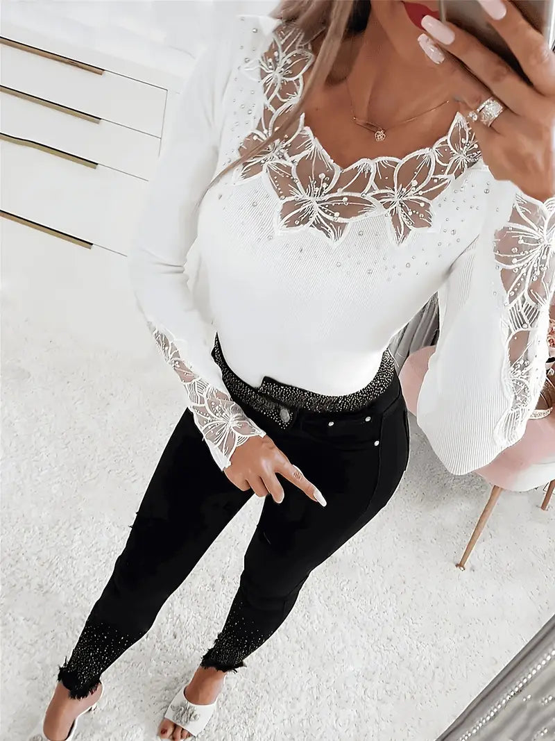 Elena™ – Elegant Sweater with V-Neck and Lace Inserts