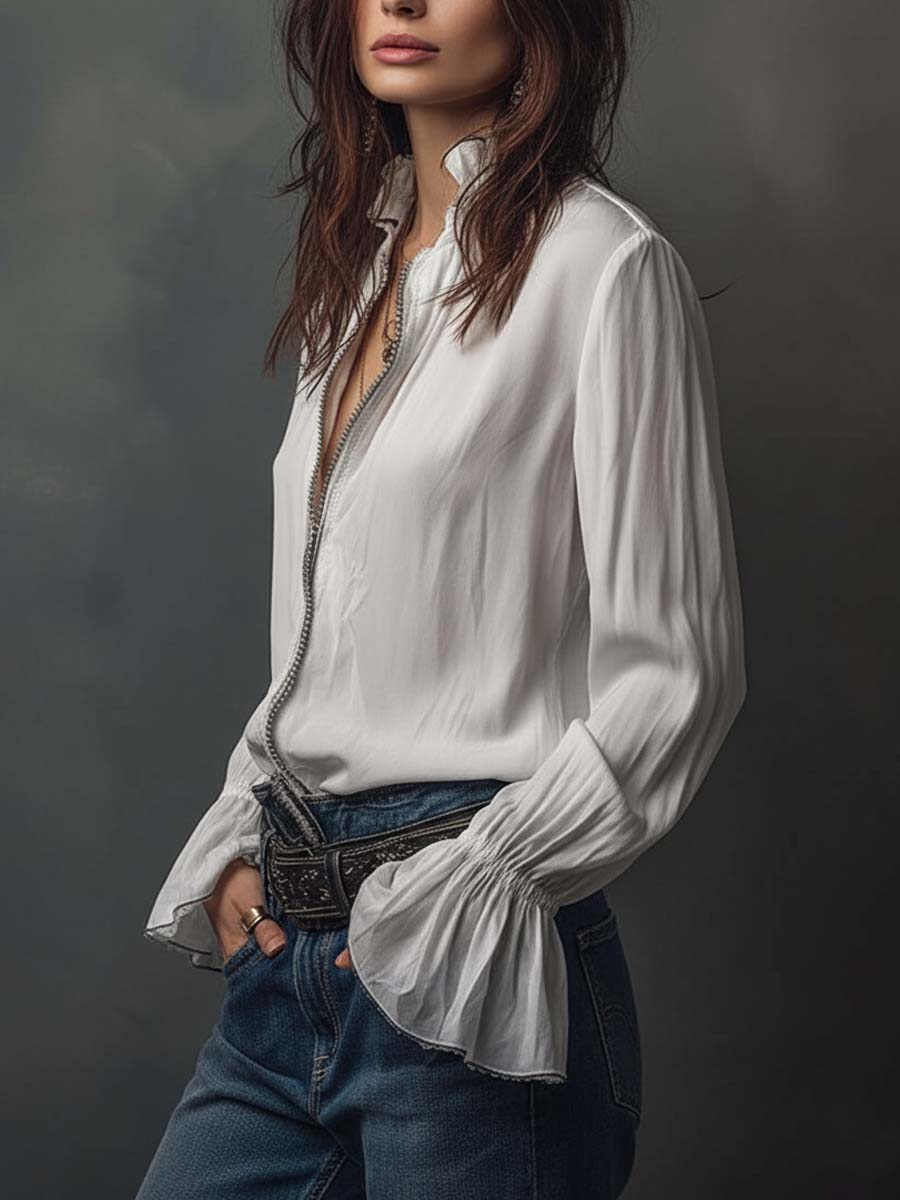 Ana · White Blouse with Ruffles and Zipper