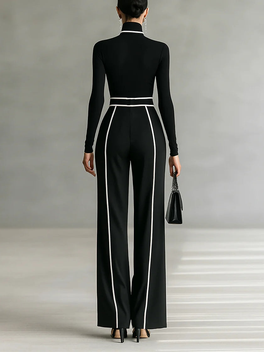Refined High-Neck Top & Wide-Leg Pants Set (Free Belt)