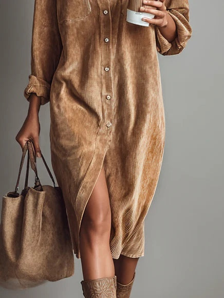 Corduroy Midi Dress with Double Chest Pockets