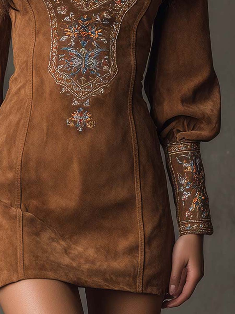 Lunori™ | Embroidered Suede Mini Dress in Purple
