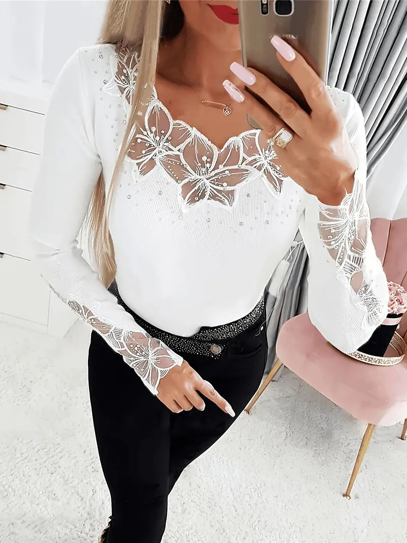 Elena™ – Elegant Sweater with V-Neck and Lace Inserts