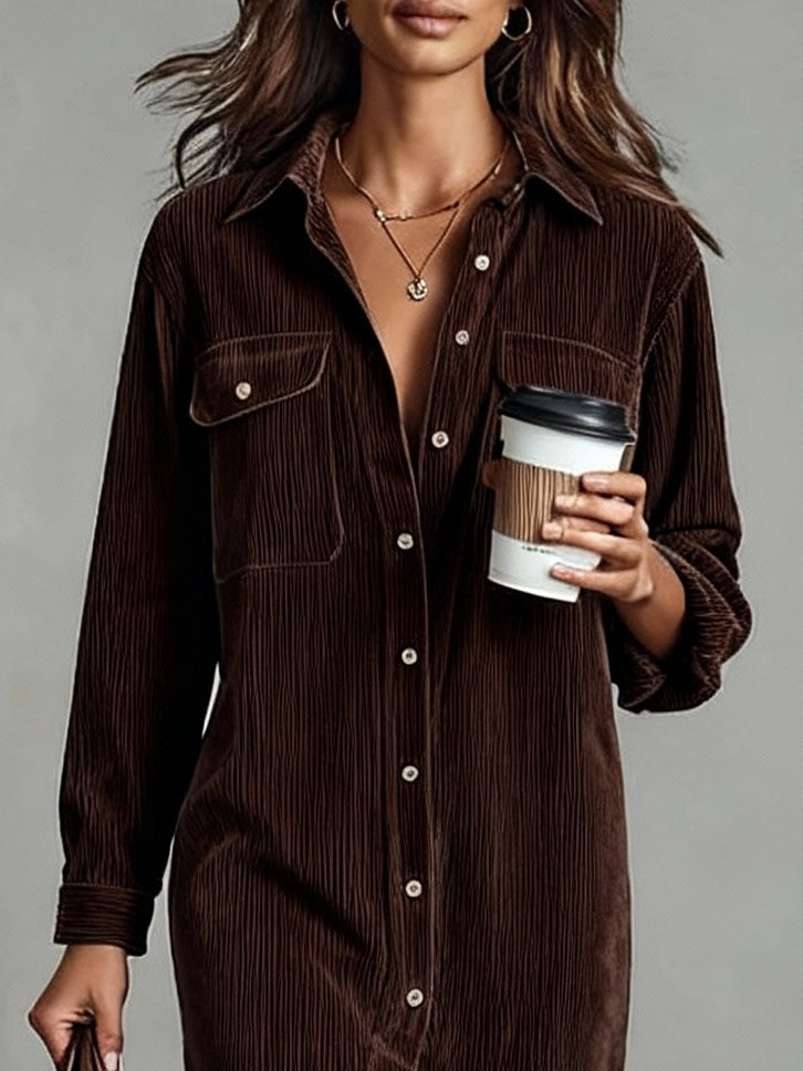 Corduroy Midi Dress with Double Chest Pockets