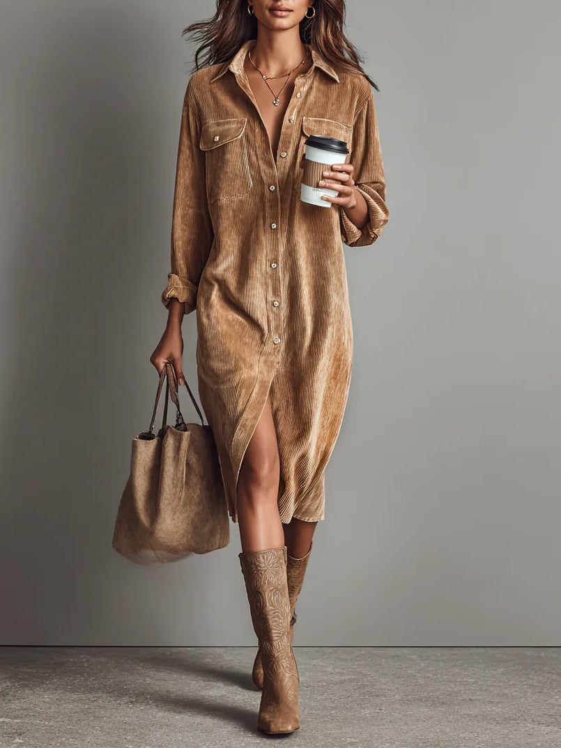 Corduroy Midi Dress with Double Chest Pockets